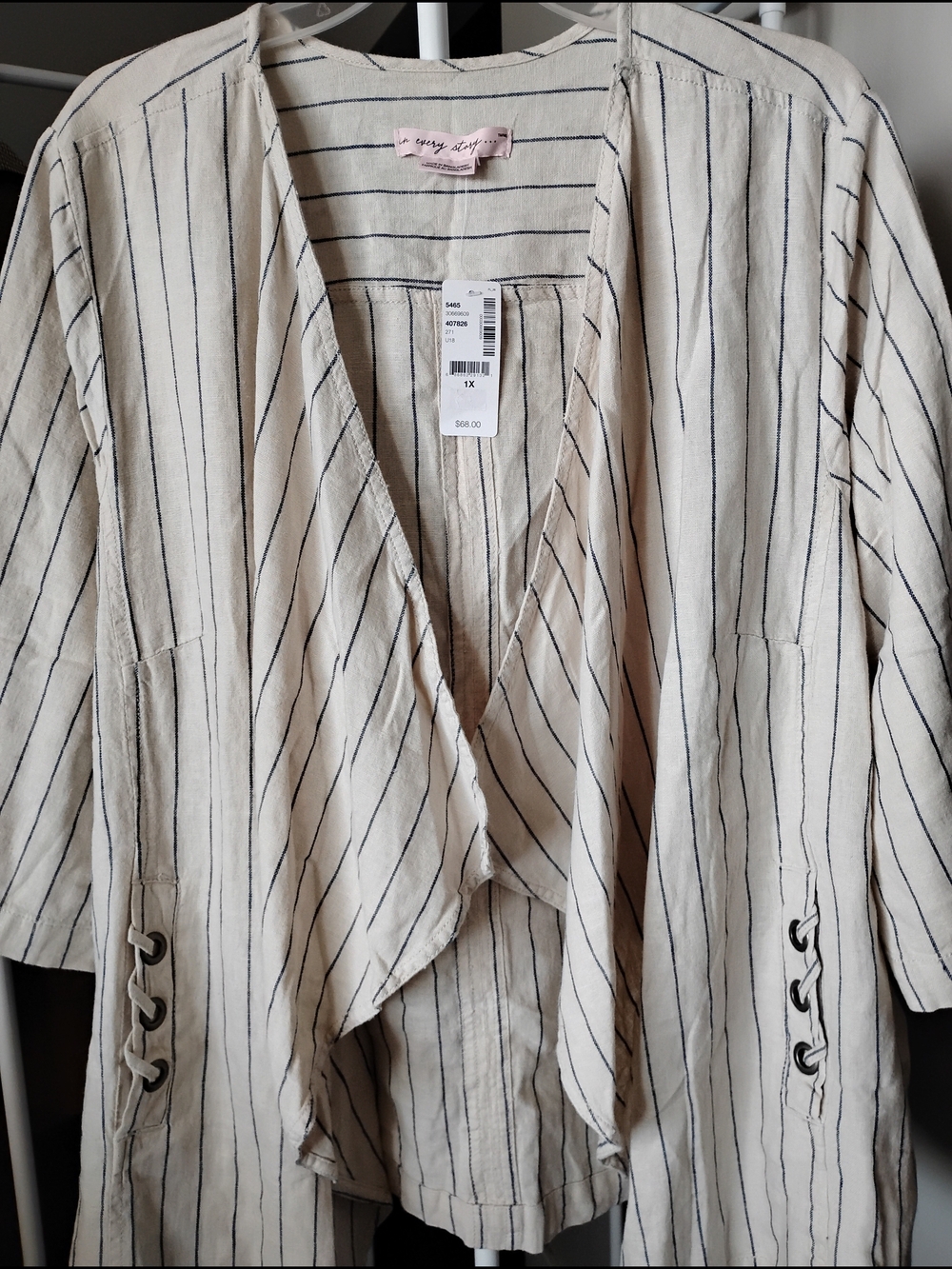 Pennington Women Pinstripes Cream/Black Water Fall Open-Front Long Sleeve Blazer